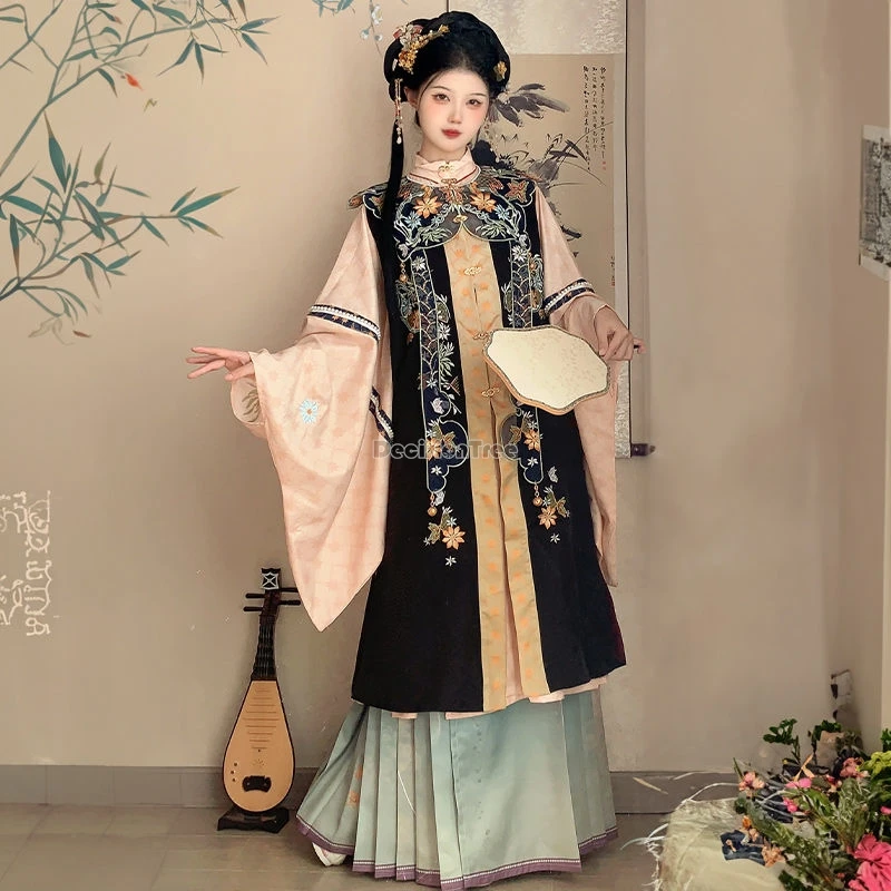 2025 الخريف الشتاء الصينية سلالة مينغ نمط فضفاض أنيق hanfu الوقوف طوق قميص طويل الحصان الوجه تنورة المطرزة hanfu مجموعة #6