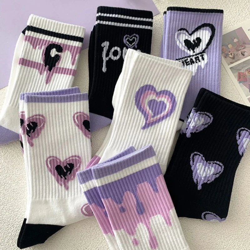 Purple Lovely Socks Children's Women's Warm Cotton Socks Medium Tube Autumn Winter Versatile Long Tube Cartoon Sports Stockings