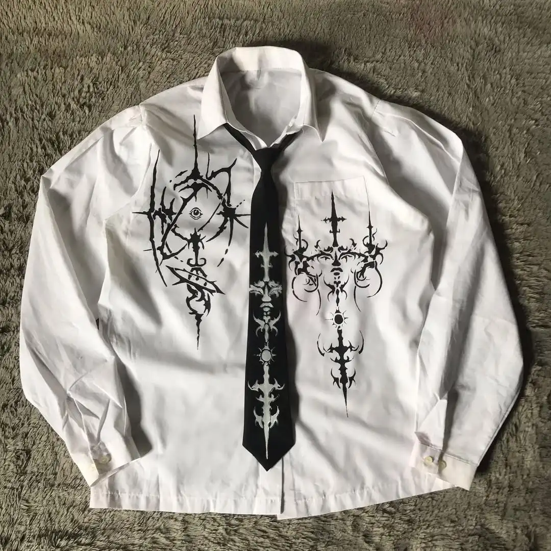 

Новинка 2025 года, белая рубашка с длинными рукавами, футболка в стиле ретро, Harajuku, мужская футболка с принтом в полоску и черепом, модные готические топы