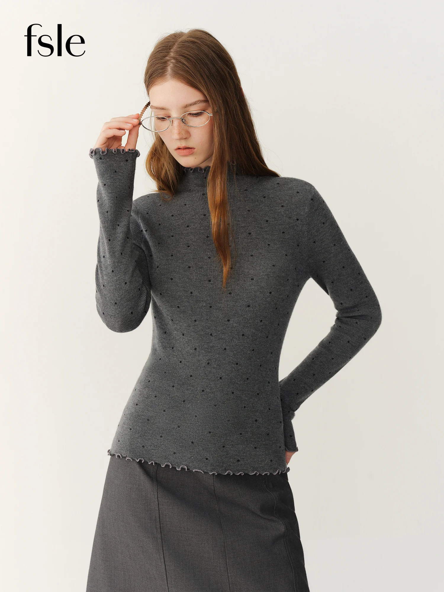 FSLE Women's Ruffle Polka‑Dot Mock Neck Knit Sweater 2026  Winter New Arrival Basic Versatile Long‑Sleeve Casual Pullover Top