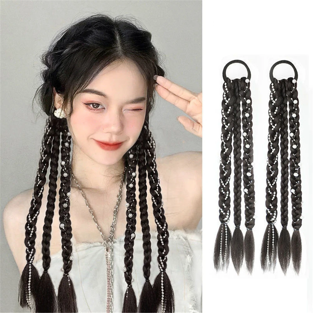 Korean Wig Braid Boxing Braid Wig Female Ponytail Natural Pearl Hot Girl Twist Long Braids Double Ponytail Wig Braids