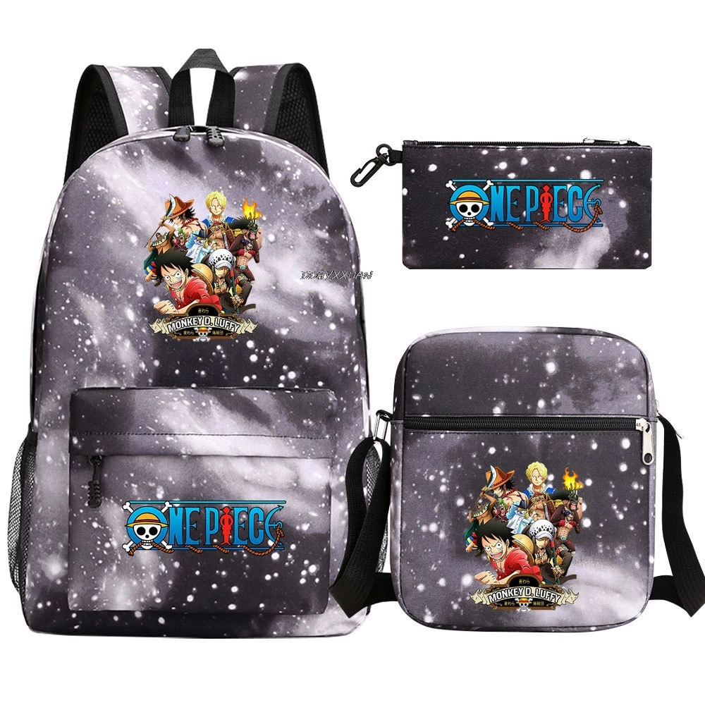 3Pcs Anime One Piece Luffy Boy Girl Kids School Book Bag Travel Backpack Shoulder Bag Pen Bag Men Women