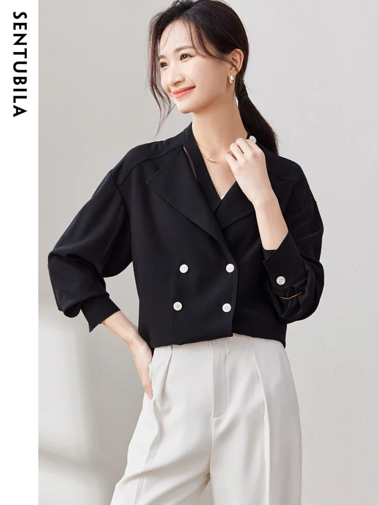 SENTUBILA Double Breasted Blazer Women 2024 Autumn Loose Fit Shacket Chic And Elegant Woman Long Sleeve Shirt Jacket 143W58096X