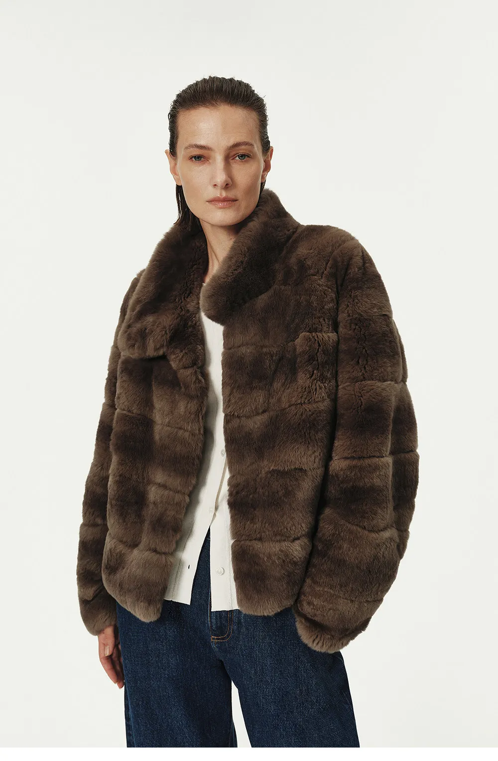 Laur 2026 Women Faux Rabbit Fur Short Coat Lapel Collar Striped Warm Fluffy Outerwear Winter Elegant Casual Jacket