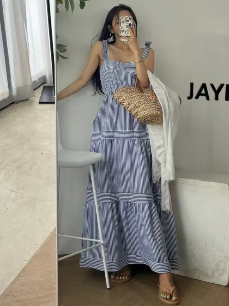 Striped Summer Dr Women's Loose Beach Vaion Fairy Skirt Waist Cinched A-Line Dr Commute Sle Regular Fit Medium Sof...