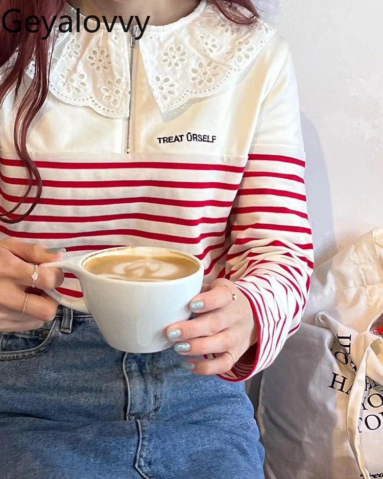 

Футболка с длинными рукавами в японском стиле, кружевной кукольный воротник, полосатая футболка с цветными блоками на молнии, футболка из чистого хлопка, весенне-осенние женские топы