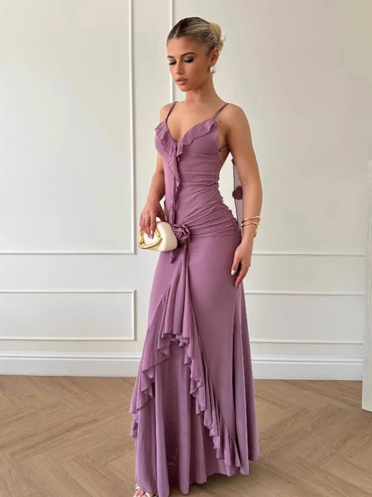 3d flor babados em camadas vestidos para mulheres sem costas chiffon fino plissado sexy vestido de festa feminino clube natal baile noite ro