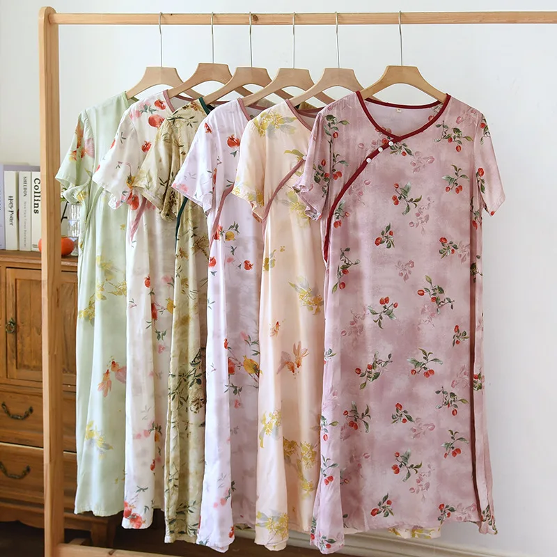 Camisola floral feminina, roupa de dormir retrô, estilo chinês, manga curta, camisola com gola redonda, lounge solto, verão, mais novo, meninas