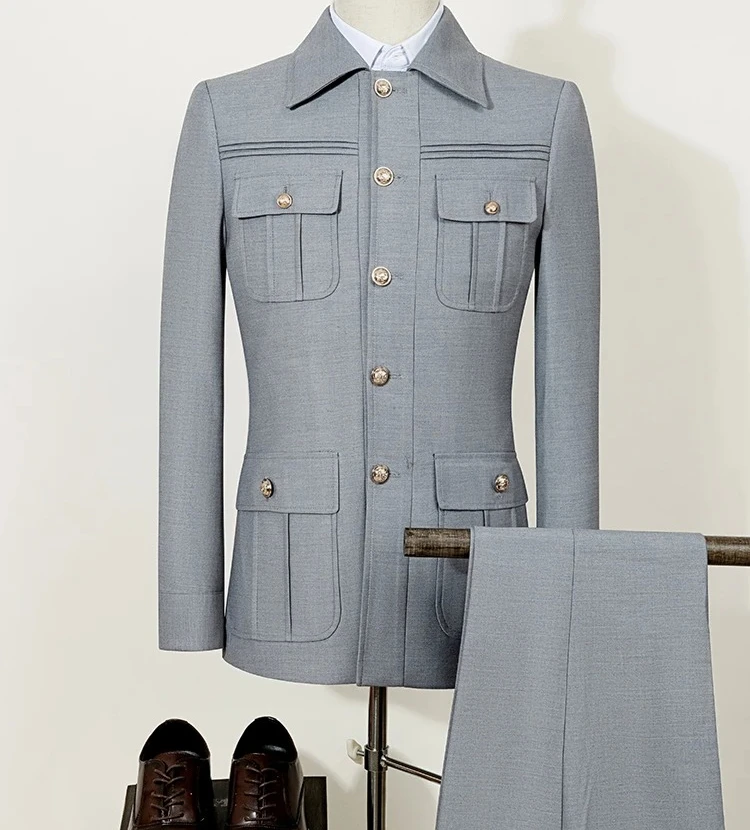 light gray Elegant Men's suit Classic Fit Multi Buckle Multi Pocket  Casual Business Set Men's 2-piece Set