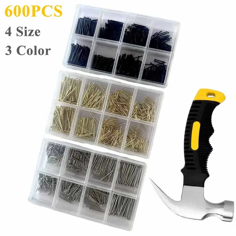

600pcs 4Size Small Nail Assortment Kit for Hanging Picture,Wall Nail with Hammer Finishing Nail for Wall Decor Silver Gold Black