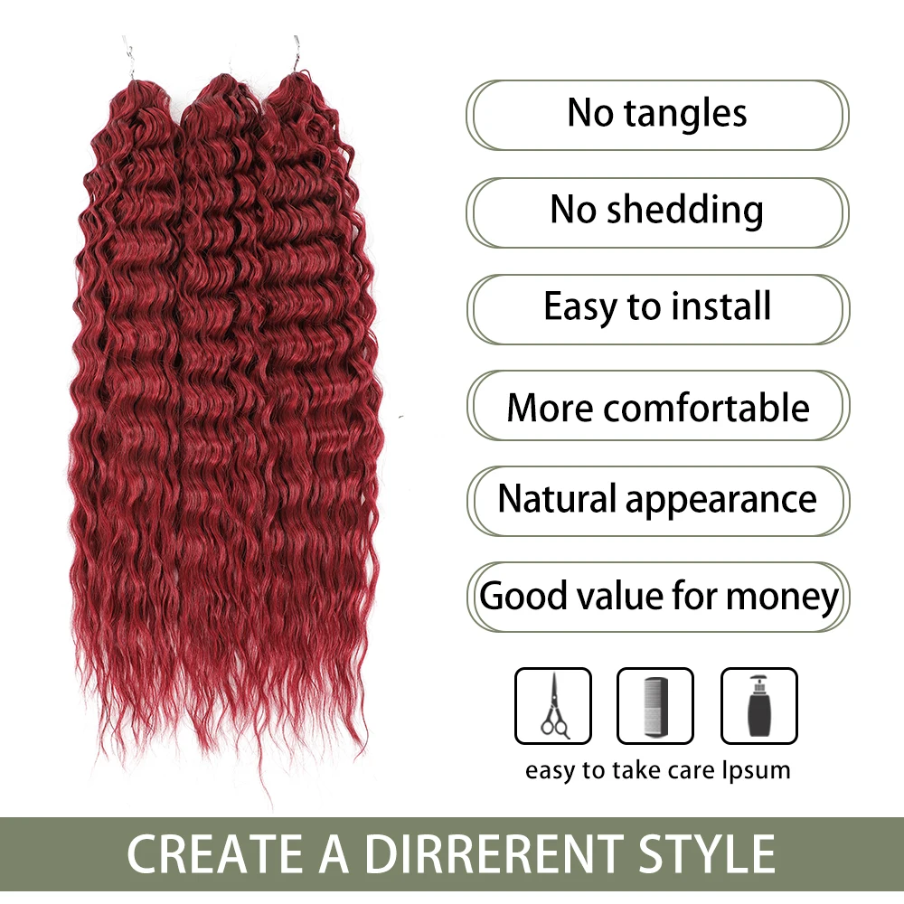 22 بوصة الاصطناعية موجة عميقة الكروشيه الشعر ارييل أومبير تجديل الشعر ارتفاع درجة الحرارة الألياف ملحقات للنساء برتقالي أحمر أشقر