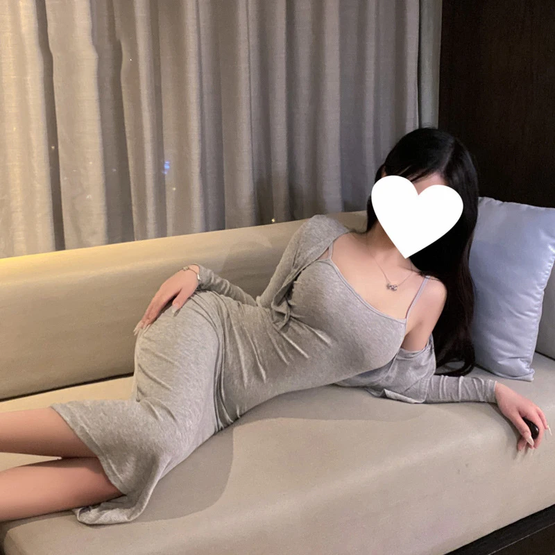 Abito lungo sottile sexy Top T Shirt Tinta unita Nuovi abiti in due pezzi Abito aderente con scollo basso Elegante desiderio puro Stile coreano