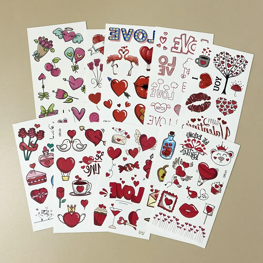 10 أوراق وشم مؤقت مقاوم للماء لعيد الحب ديكور الجسم على شكل قلب الحب قبلة وشم مزيف للنساء ملصقات الزفاف