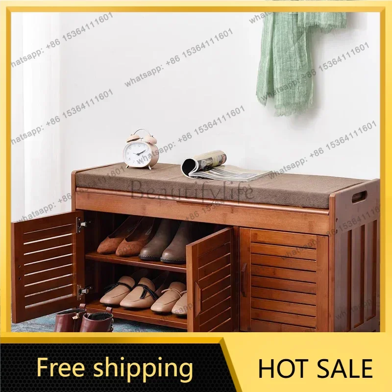 LJY Simple Modern Rustic Solid Wood Multi Function Shoe Bench Stool with Storage Rack Cabinet for Entryway Try On Shoes