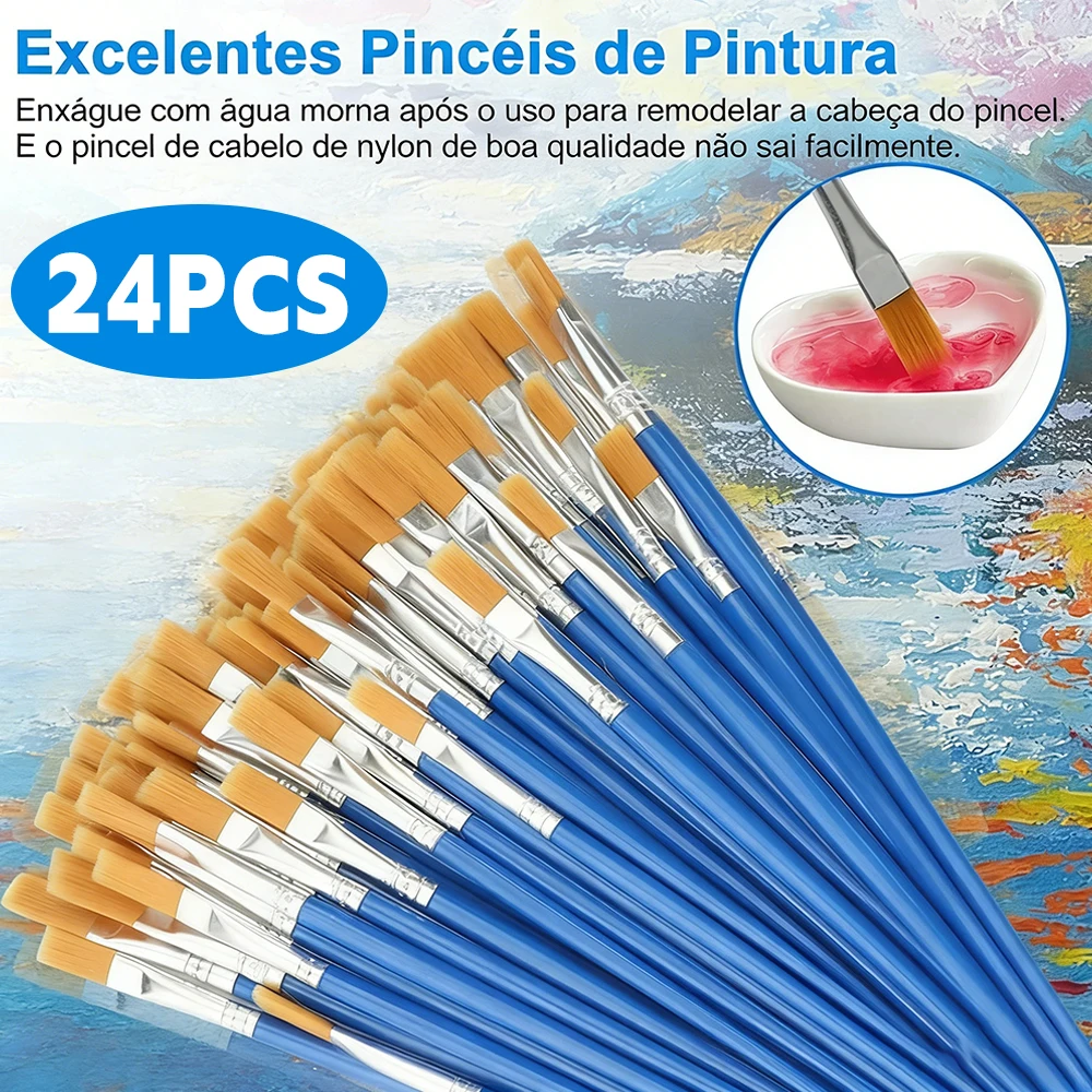 Kit 12/24 Pincéis de Nylon Planos e Lineares Atóxicos, Não Solta Pelos para Pintura em Tela e Artesanato, para Artistas e Estudantes