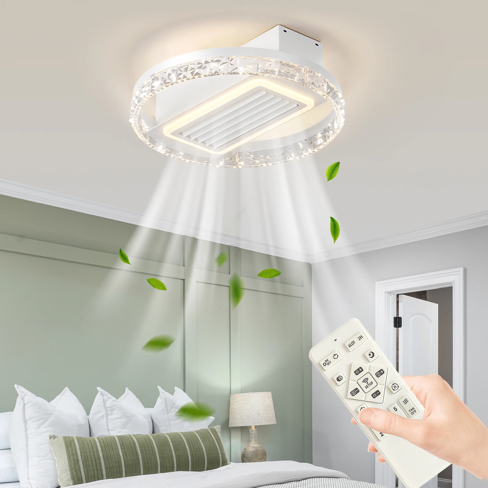 Modern Crystal LED Ceiling Fan with Light Invisible  Fan Chandelier, Dimmable and Remote Control, Quiet Motor