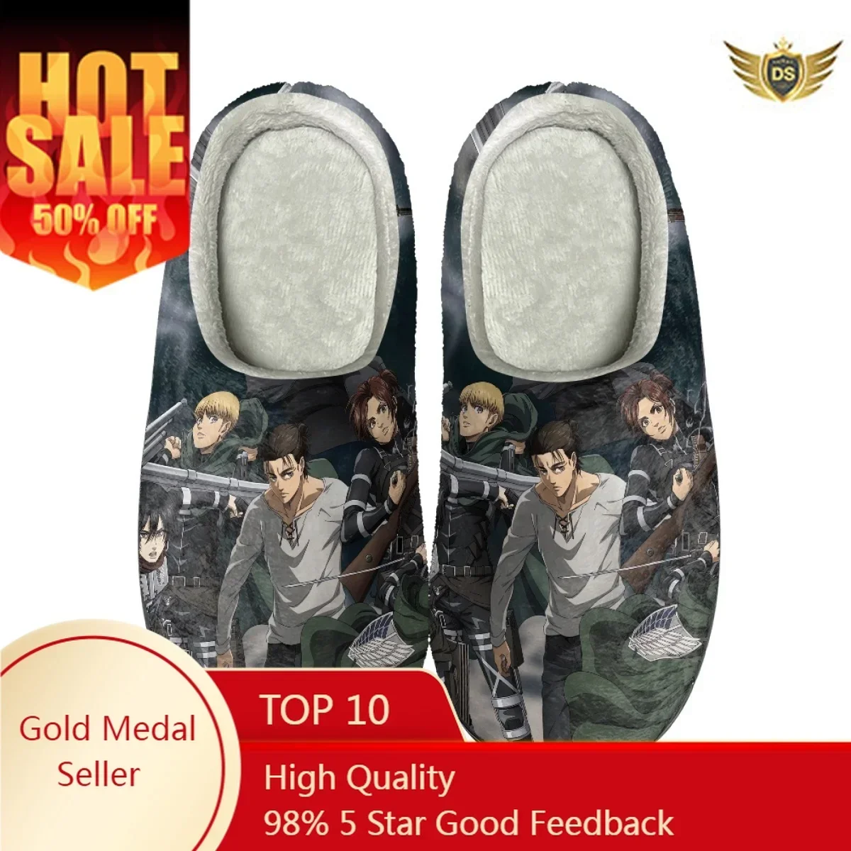 Sandal wanita musim dingin, sandal wanita katun datar, desain Anime Attack on Titan, sandal hangat dalam ruangan, sandal selop pasangan rumah anti selip