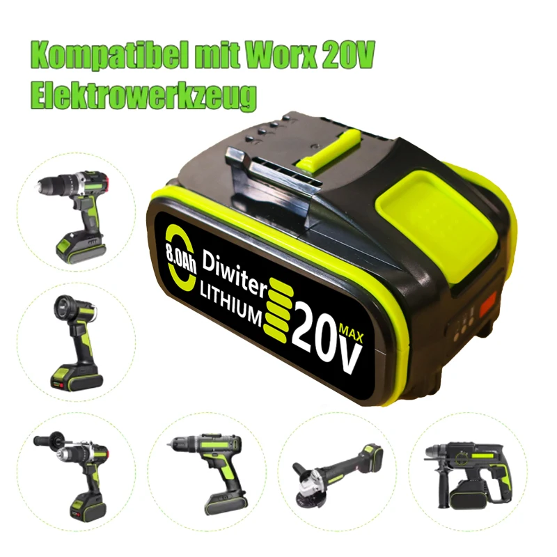 für Worx 20 V 8,0 Ah/12,0 Ah Lithium-Akku wiederaufladbar WA3553 WA3551 WA3553.1 WA3570 für alle WORX-Elektro- und Gartengeräte