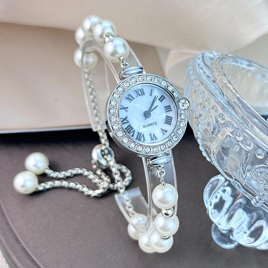 Ladies' diamond-encrusted Roman numeral dial white bead bracelet,fashionable versatile small exquisite quartz watch for women