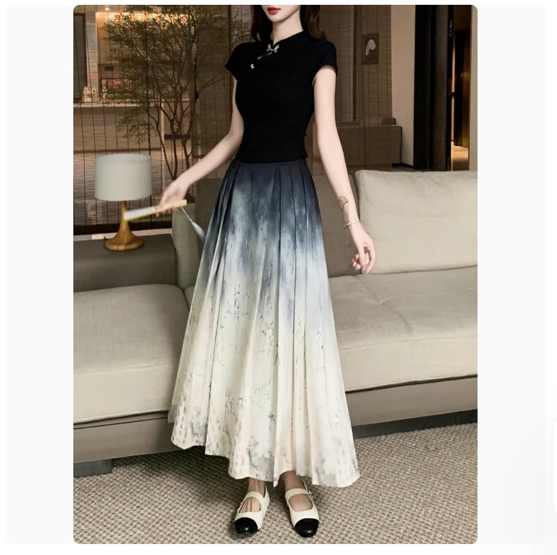 Novo estilo chinês retro moda temperamento, idade reduzindo botão borboleta manga curta pintura a tinta vestido de rosto de cavalo plissado