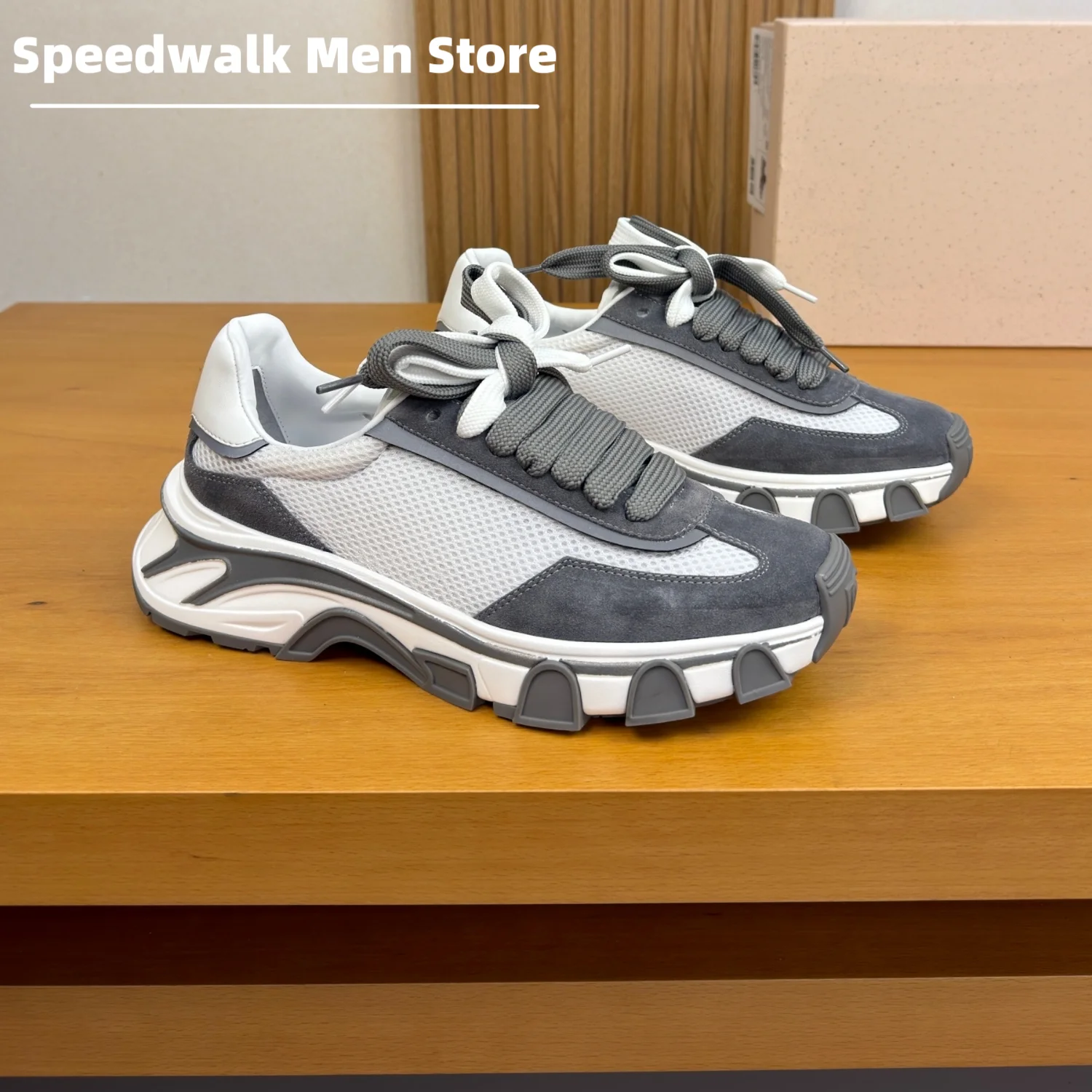 2026New Men Women Patchwork Leather Mesh Platform Trainers Wide Lace Up Cushioned Comfort Streetwear Casual Dad Sneakers