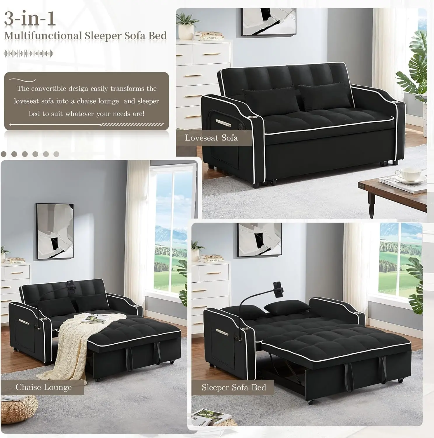 3 in 1 Convertible Sleeper Sofa Bed Velvet Pull Out Couch Bed USB Type C Port Comfy Futon Loveseat Adjustable Backrest Phone