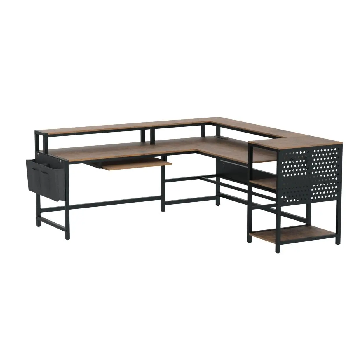 L Shaped Computer Desk with Power Outlets & LED, Monitor Shelf, Keyboard Tray, Pegboard & Storage Shelves, Brown, Customized