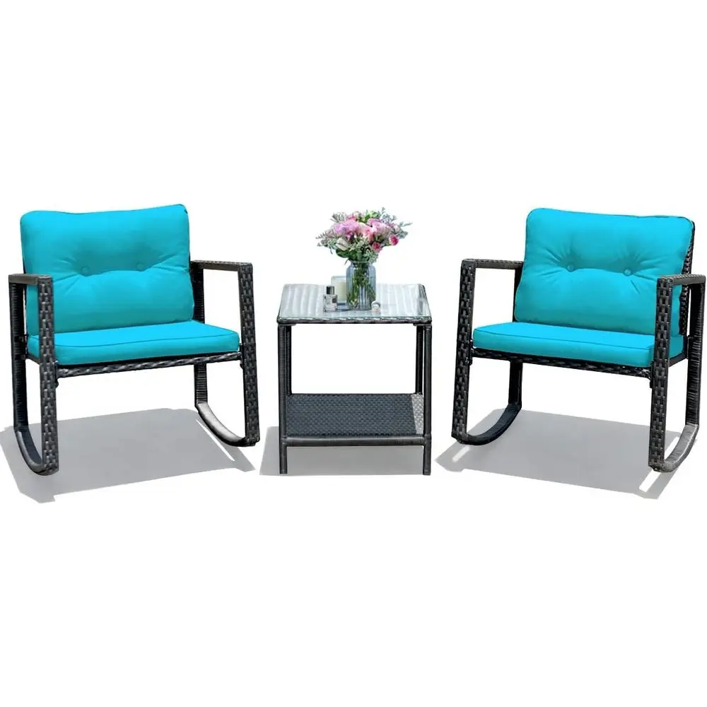 

Turquoise 3-Piece Outdoor Wicker Rocking Bistro Set with Cushioned Seats and Glass Top Coffee Table