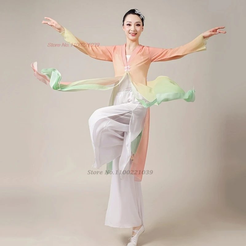 2025 중국 빈티지 댄스 의상 그라데이션 색상 쉬폰 한푸 상의+하의 세트 전통 훈련 무대 공연 민속 의상
