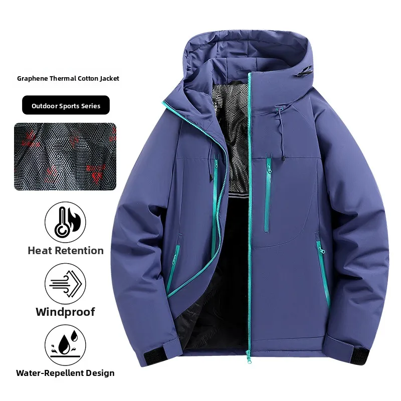 

Thiened Outdoor Sports Jaet Winter Warm Hooded Men's Cotton Coat Couple Matching Pure Color Outdoor Activi Coat