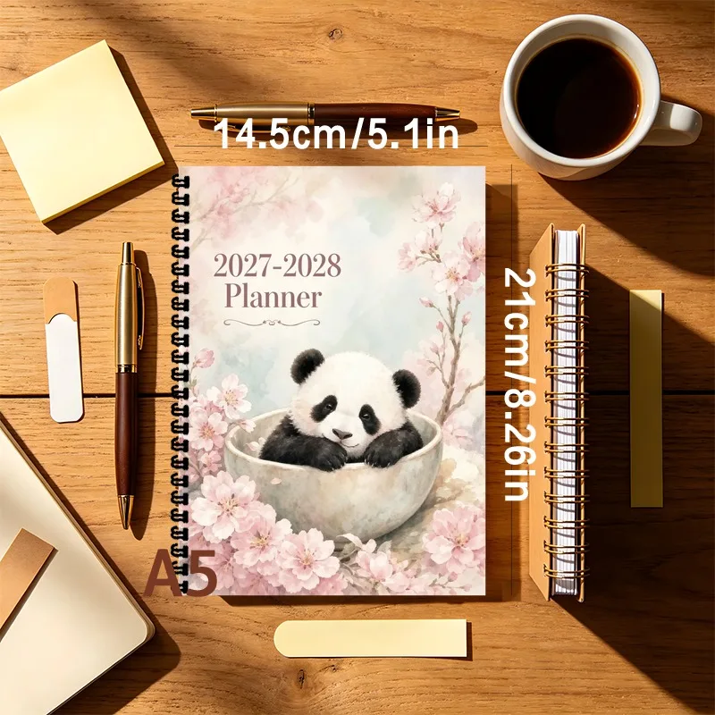 A5 Planner 2027-2028,Monthly  Weekly Task Lists Schedules with Watercolor Cherry Blossom Cute Panda Pattern,Ideal Teacher Gifts
