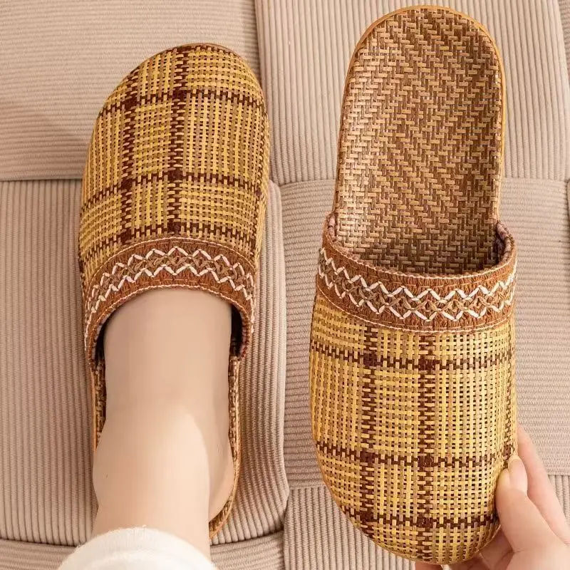 Men Rattan Woven Closed Toe Linen Slippers Summer New Lovers Soft Sole Light Breathable Home Half Slippers Floor Silent Slippers