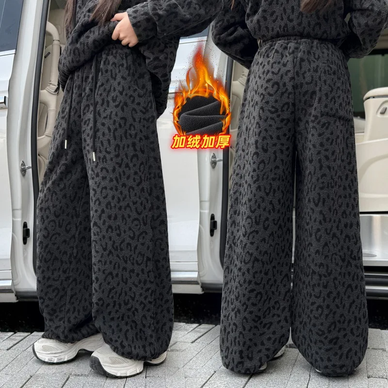 

Fashion Children Winter Grey Leopard Print Casual Pants For Girls New Style Trousers with Fleece Lined Trend Warm Sweatpants