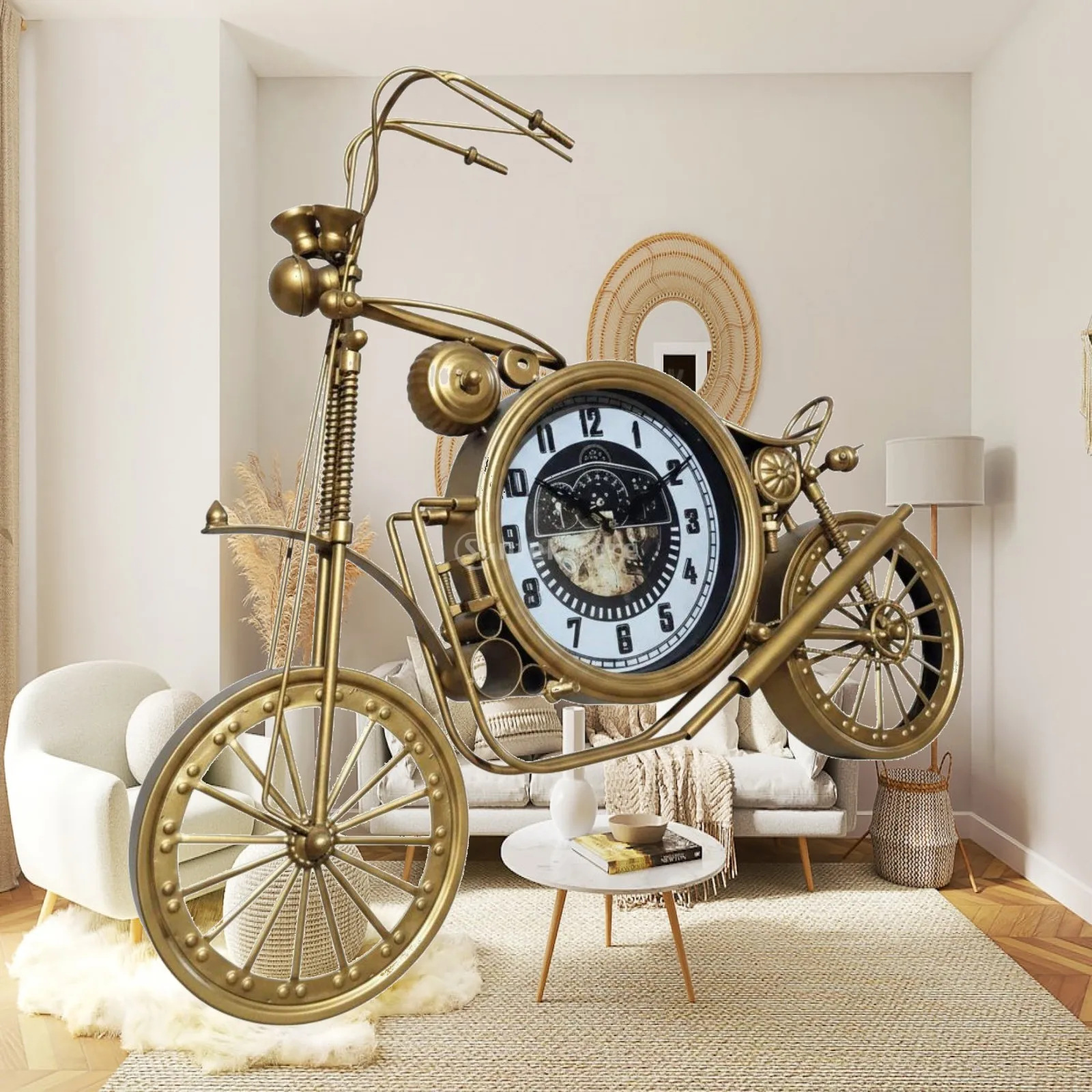 Retro Iron Motorcycle Wall Clock Decor Vintage Metal Wall Hanging Art for Living Room Industrial Home Decoration Unique