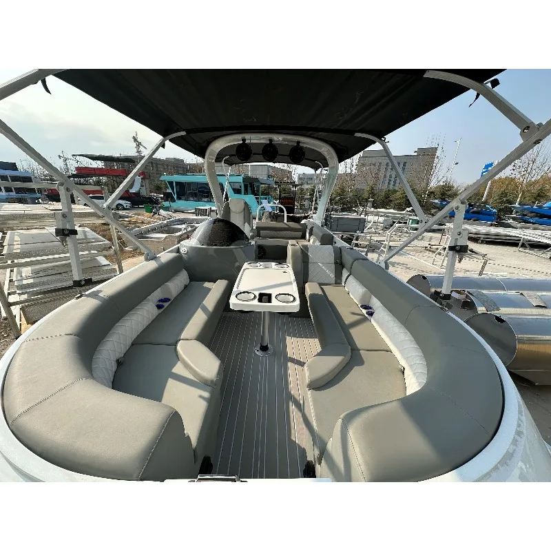 Luxury 25Ft Aluminum Fully Welded Pontoon Party Boat Bimini Canopy Outboard Motor For Family Lake Recreation CE Approved