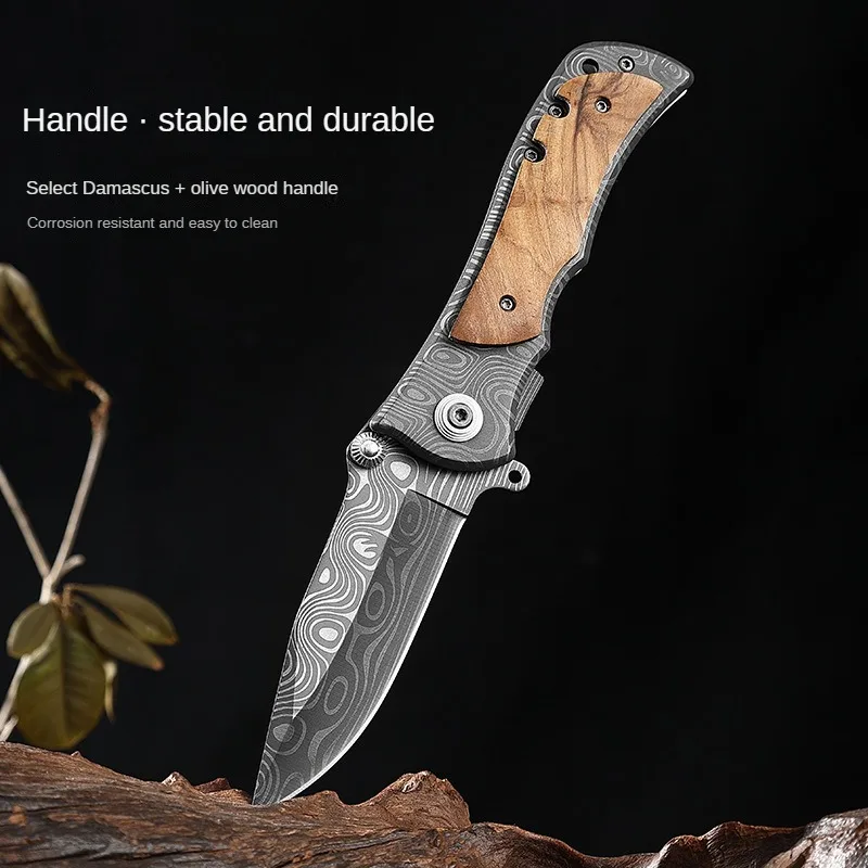 Portable Damascus Pattern Folding Pocket Knife, Sharp And Durable Survival Tool For Outdoor Sports, Hiking And Camping