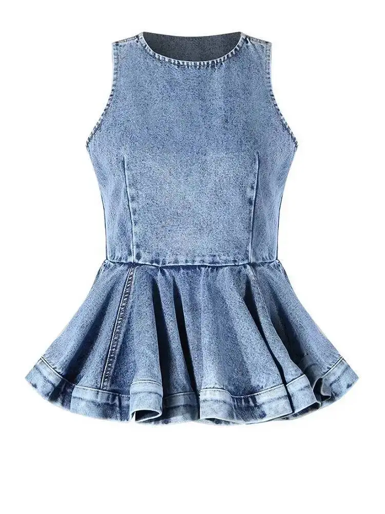 Ruffles Tank Blue Top Wide Leg Pants Two Piece Suit New Round Neck Sleeveless Women Fashion  Spring Autumn 2026 UDFD - view 2
