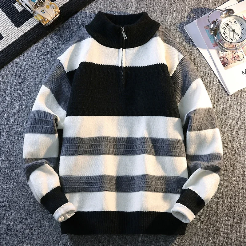 

High Quality Fashion Striped Warm Sports Knitted Sweater Fashionable Color Blocking Warm Pullover Home Clothing