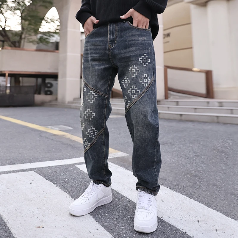 Fashionable and Unique Male Jeans with Printed Patchwork, Taper Cut, Ideal for Autumn/Winter Style Outfits