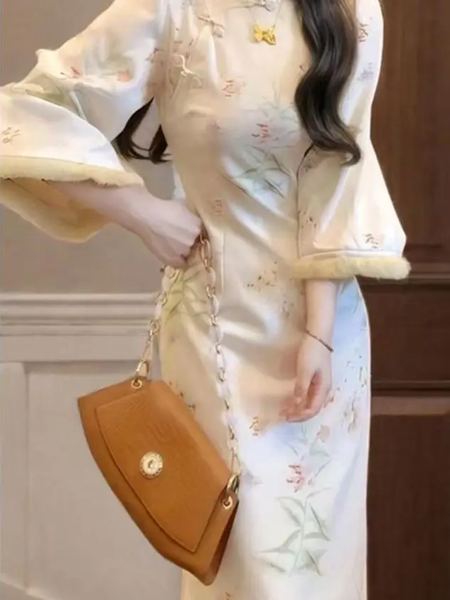 New Chinese Sle Young Women's Long Sve Bodycon Dr Autumn Winter New Version Qipao Skirt Pure Color Waist Cinched