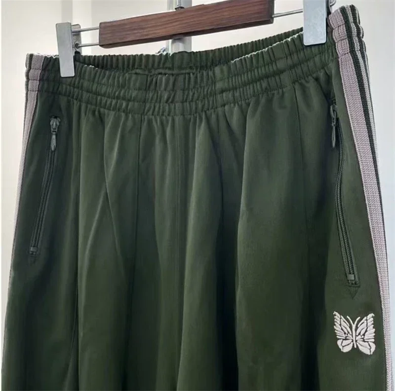 2025ss Olive Green AWGE Striped Wide Leg Pants Men Women Top Quality Butterfly Embroidery Pants Oversized Trousers