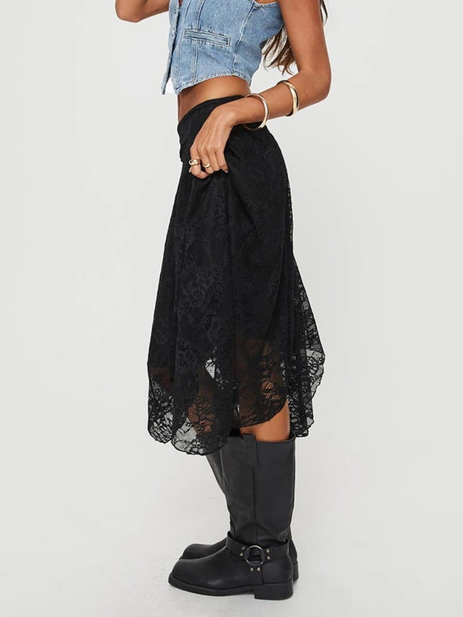 

Women Sexy Layered Lace Skirt Low Rise Ruffle Tiered Asymmetrical Half Slip Skirt Teen Girls Pleated Frilly Flowy Short Skirt