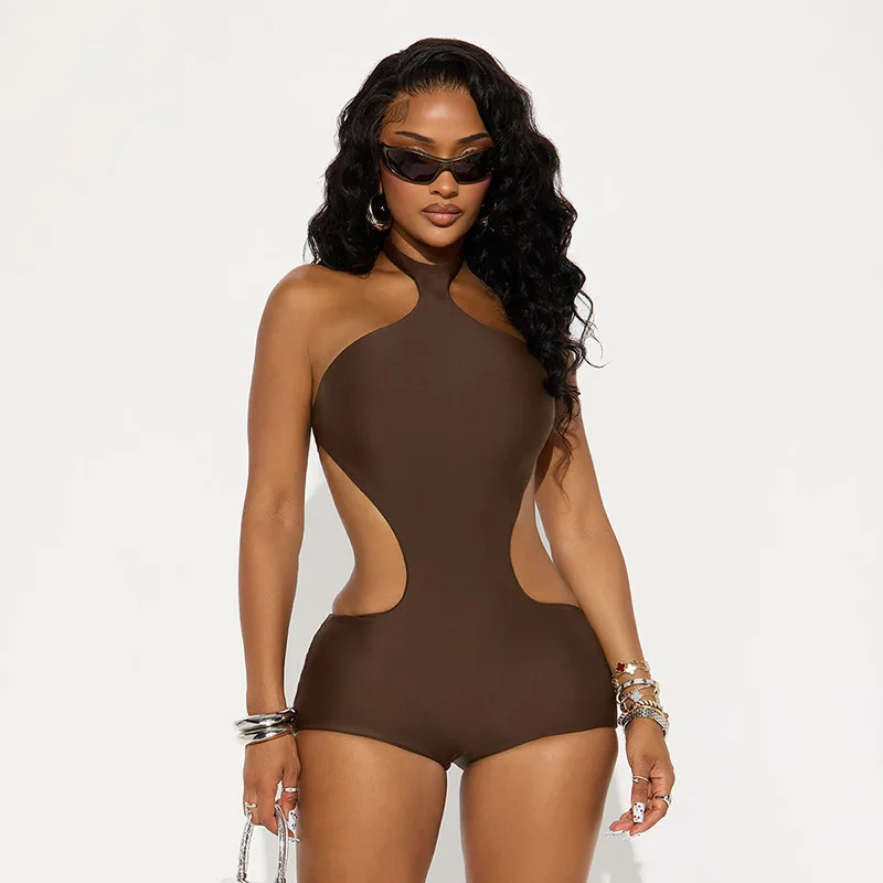 New 2026 Women's Sexy Hot Girl Hanging Neck, Bareback, Tight Shorts, Hollow out jumpsuit ins