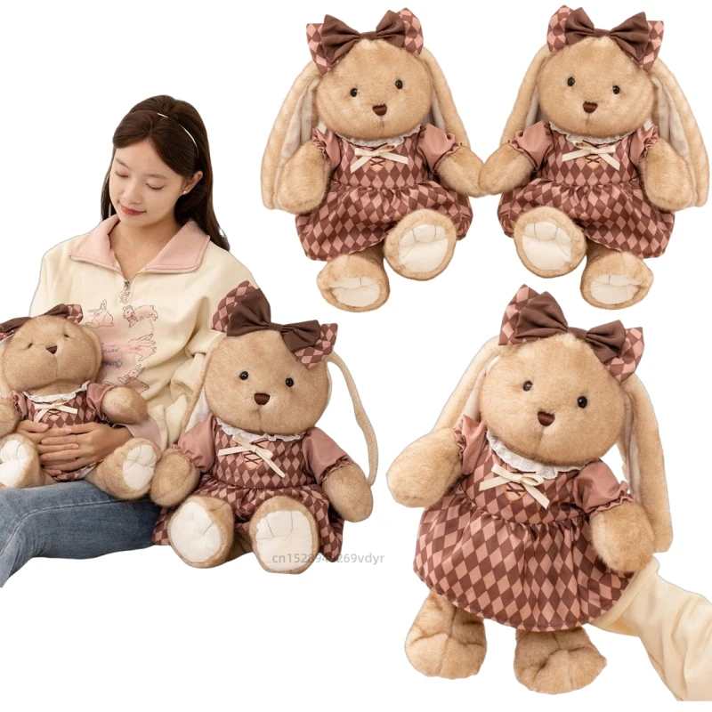 

New Kawaii Chocolate Brown Bunny Super Soft Toys Cute Bow Striped Dress Rabbit Cartoon Christmas Halloween Gift Party Decor