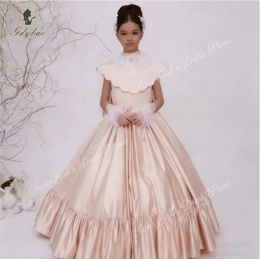 Classic High Neck Pleat Short Sleeve A Line Long Ball Wedding Party Flower Girl Dress First Communion Gown
