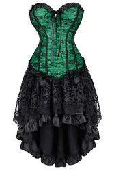 Corset Dress with Skirt High Low Set Lingerie Push up Sexy Flower Print Vintage Halloween Costumes Plus Size Red Gothic Clothes