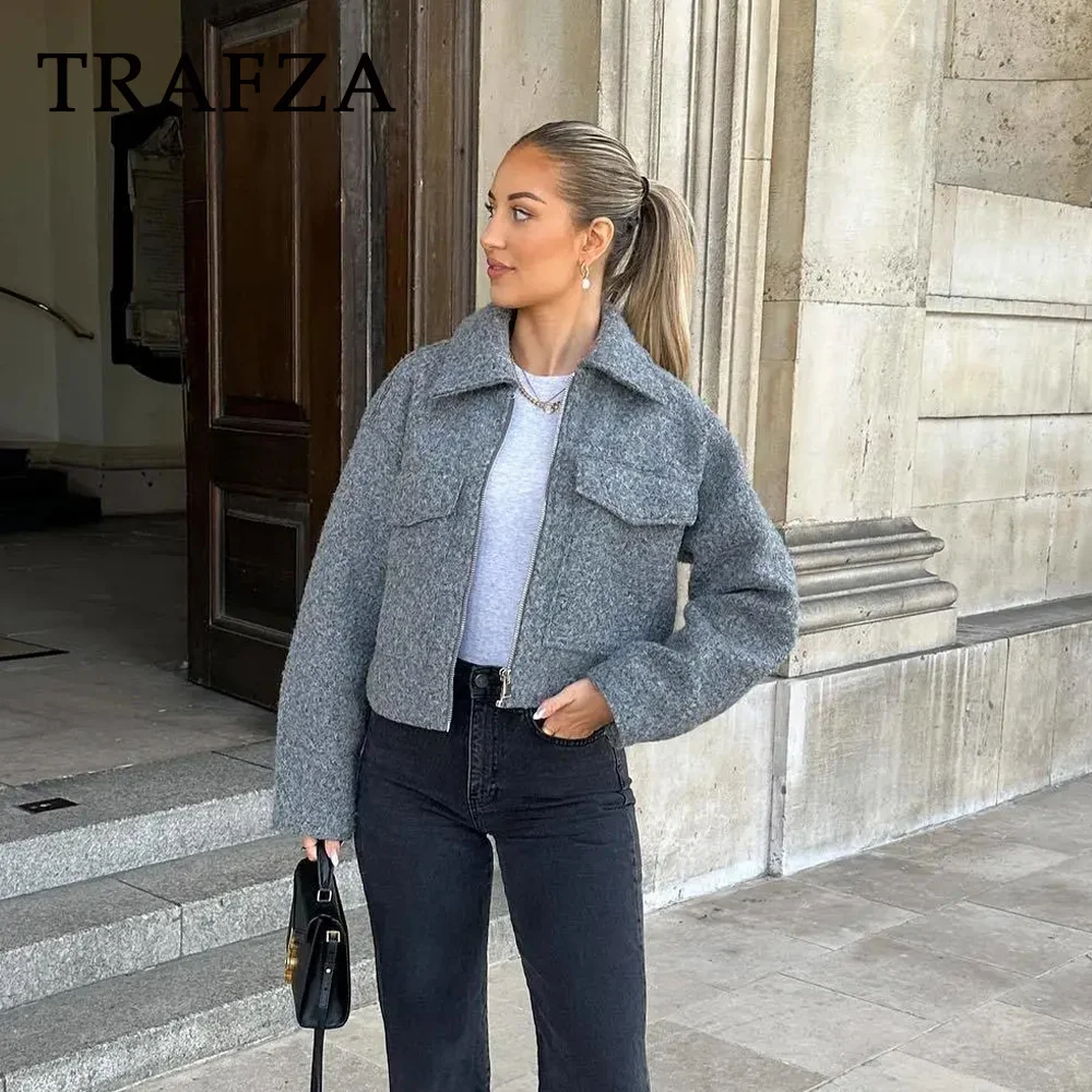 TRAFZA 2023 Women Autumn Winter Solid Casual Jackets Fashion Loose Turn Down Collar Vintage Gray Demi-season Jacket For Women