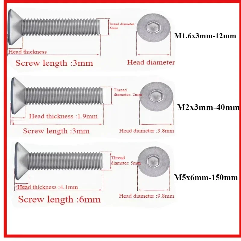 

M2 M5 M1.6 M5x12 M5x140 3-140MM Flat Head Machine Screws Inner Hex 304 Stainless Steel Fasteners Bolts Vis Nutrunner Fhcs Inox