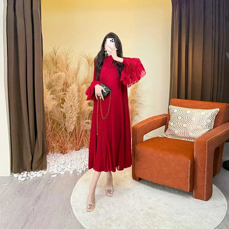 

Miyake Fold 2025 Autumn/Winter New Heavy Industry Embroidered Trumpet Sleeve Skirt Half High Collar Elegant Dress for Women