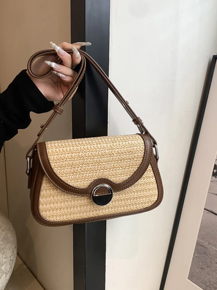 Bolsa tecido palha para mulheres, grande capacidade, bolsa crossbody elegante, patchwork, bolsa mensageiro simples, alça ajustável para praia de verão